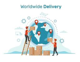 Worldwide Delivery concept, icon for banner template of landing page. Couriers deliver parcels around the globe. Modern flat design. vector