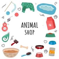 Pet shop set of illustrations. Pet products. Square text frame. vector