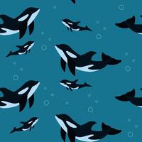 Killer whale and cub background. Inhabitants of the sea world. Cute underwater flat seamless pattern. Funny underwater creatures. vector