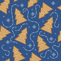 Beautiful holiday pattern. Christmas tree with a pattern of snowflakes and garlands in the Scandinavian style on a blue background. Seamless pattern for printing on any surface vector