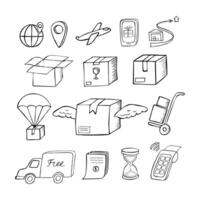 Set of hand-drawn delivery icons. Contains such Icons as box, transportation, time, online checkout, map, package and other icons. vector