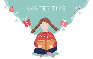 acogedor invierno libro lectura. niña con libro en suéter. vector