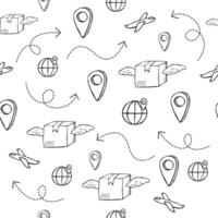 Seamless pattern of delivery icons on white background in doodle style. vector