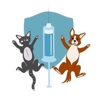 Vaccination of pets. Happy dog and cat around a syringe and large shield on white background. Concept for veterinary clinic. vector