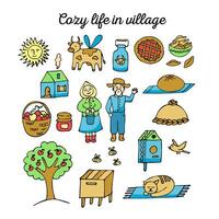 Happy life on the farm and in the village set. Doodle elements. A house, an apple tree , an apiary, fresh bread and a basket of apples. vector