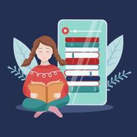 Girl is reading book. Library of books on smartphone. Listening to audiobooks. vector