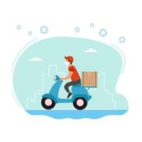 Food delivery. Courier on scooter wearing a mask. Contactless delivery. vector