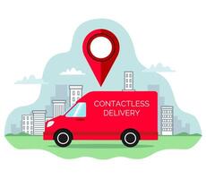 Vehicle of delivery of goods with the symbol of the location and city background. vector