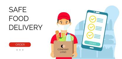 Safe food delivery banner template. Delivery guy with package with products. Online ordering food from the store via the app vector