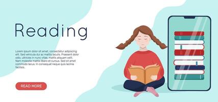 Banner template online library. Home schooling. A girl is reading a book. vector