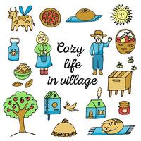 Happy life on the farm and in the village set. Doodle elements. A house, an apple tree , an apiary, fresh bread and a basket of apples. vector