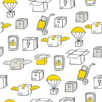 Seamless grey and yellow pattern of delivery icons on a white background in doodle style. vector