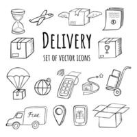 Set of hand-drawn delivery icons. Contains such Icons as box, transportation, time, online checkout, map, package and other icons. vector