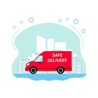 The vehicle of delivery of goods with the symbol of the location and city background. vector