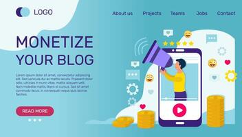 Blog monetización bandera modelo. hombre de influencia blogger con un megáfono en manos. vector