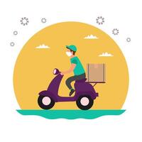 food delivery during the coronavirus pandemic. Courier on a scooter wearing a mask and gloves. Contactless delivery. The icon on yellow background. vector