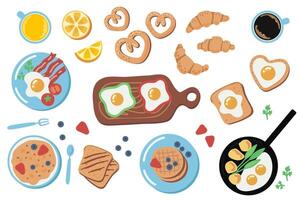 Breakfast meal set. Collection of food icons. Egg, coffee, toast, orange juice, bacon, pancake, fruit, croissant. vector