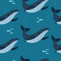 Humpback whale background. Inhabitants of the sea world. Cute underwater flat seamless pattern. Funny underwater creatures. vector