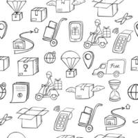 Seamless pattern of delivery icons on a white background in doodle style. Free, safe, international, delivery of large and small goods. vector