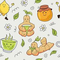 Seamless pattern. Green tea, lemon, honey and ginger. Cute cartoon illustrations. vector