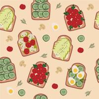 Breakfast sandwiches with different toppings seamless pattern. Beautiful trendy background for packaging, fabric, wallpaper. vector