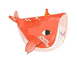 Set of pink whale in a festive cap with a cake and gifts. Fish c vector