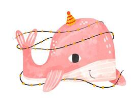 Set of pink whale in a festive cap with a cake and gifts. Fish c vector