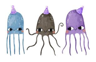 Set of colored jellyfish in cartoon style. Jellyfish are celebra vector