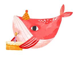 Set of pink whale in a festive cap with a cake and gifts. Fish c vector