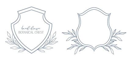 Wedding Crest floral Line Art Design. Botanical Crest Line Drawing. Greenery Line Art, Leaf and Branches Crest. Floral Frame line Art. Monogram Logo Crest vector