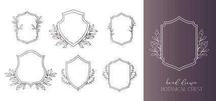 Boda cresta floral línea Arte diseño. botánico cresta línea dibujo. verdor línea arte, hoja y ramas cresta. floral marco línea Arte. monograma logo cresta vector