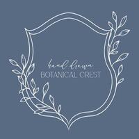 Wedding Crest floral Line Art Design. Botanical Crest Line Drawing. Greenery Line Art, Leaf and Branches Crest. Floral Frame line Art. Monogram Logo Crest vector