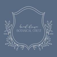 Wedding Crest floral Line Art Design. Botanical Crest Line Drawing. Greenery Line Art, Leaf and Branches Crest. Floral Frame line Art. Monogram Logo Crest vector