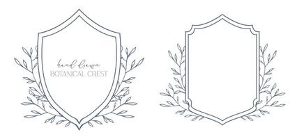 Wedding Crest floral Line Art Design. Botanical Crest Line Drawing. Greenery Line Art, Leaf and Branches Crest. Floral Frame line Art. Monogram Logo Crest vector