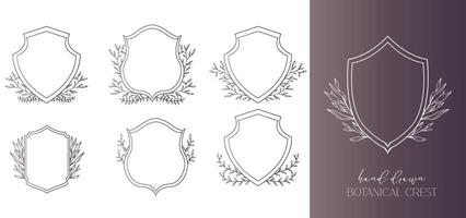 Wedding Crest floral Line Art Design. Botanical Crest Line Drawing. Greenery Line Art, Leaf and Branches Crest. Floral Frame line Art. Monogram Logo Crest vector