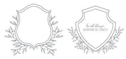 Wedding Crest floral Line Art Design. Botanical Crest Line Drawing. Greenery Line Art, Leaf and Branches Crest. Floral Frame line Art. Monogram Logo Crest vector