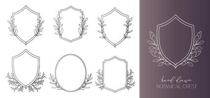 Wedding Crest floral Line Art Design. Botanical Crest Line Drawing. Greenery Line Art, Leaf and Branches Crest. Floral Frame line Art. Monogram Logo Crest vector