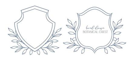 Wedding Crest floral Line Art Design. Botanical Crest Line Drawing. Greenery Line Art, Leaf and Branches Crest. Floral Frame line Art. Monogram Logo Crest vector