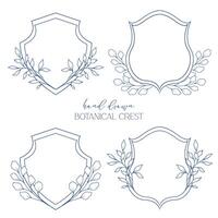 Wedding Crest floral Line Art Design. Botanical Crest Line Drawing. Greenery Line Art, Leaf and Branches Crest. Floral Frame line Art. Monogram Logo Crest vector