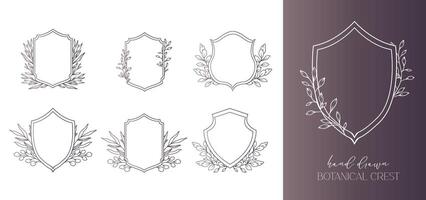 Wedding Crest floral Line Art Design. Botanical Crest Line Drawing. Greenery Line Art, Leaf and Branches Crest. Floral Frame line Art. Monogram Logo Crest vector