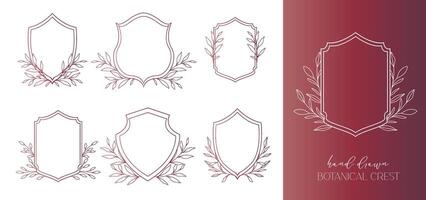 Wedding Crest floral Line Art Design. Botanical Crest Line Drawing. Greenery Line Art, Leaf and Branches Crest. Floral Frame line Art. Monogram Logo Crest vector