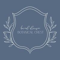 Wedding Crest floral Line Art Design. Botanical Crest Line Drawing. Greenery Line Art, Leaf and Branches Crest. Floral Frame line Art. Monogram Logo Crest vector