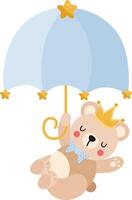 Cute baby teddy bear prince flying with a blue umbrella vector