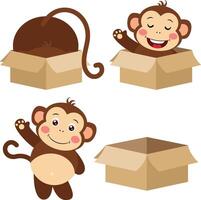 Cute monkey in diferent positions going out a cardboard box vector