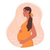 Happy pregnant woman holding her belly. The expectation of child. vector