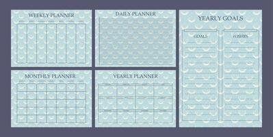 Collection of planner pages design. Daily, weekly, monthly, yearly, and goal planner templates. vector