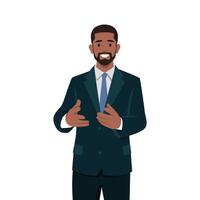 Business man manager in formal suit standing doing demonstrating, presenting gesture with both hands. vector