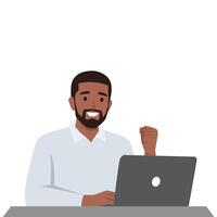 Young black man success laptop relieve work from home computer. vector