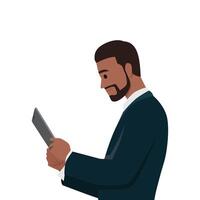 Young Black Business man with tablet. Manager in suit. vector