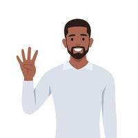 Young black man Character raise his hand to show the count number 4. vector